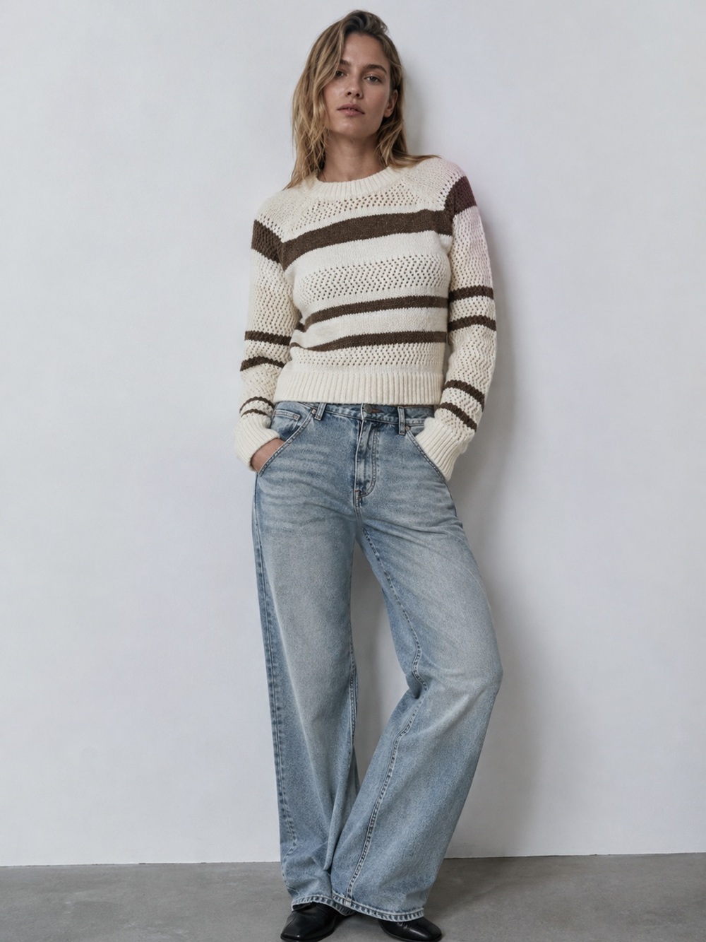 Open Knit Varigated Stripe Crew Neck Pullover Sweater